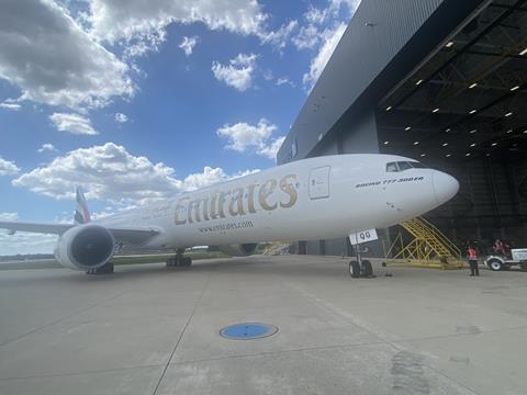 An Emirates 777 at Washington, Dulles airport on 14 September 2022