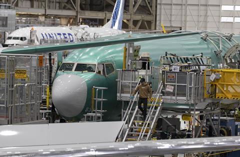 A Boeing 737 Max being assembled at Boeing's Renton facility on 15 June 2022