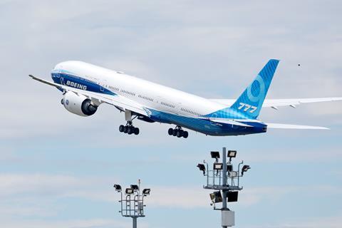 Boeing flight-test 777-9 (N779XW) taking off from Everett on 26 June 2024