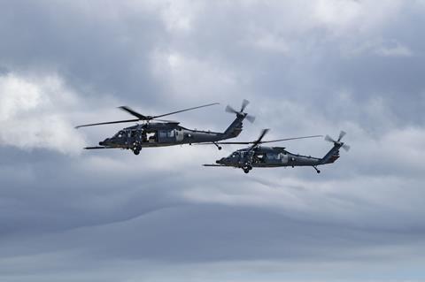 Two HH-60W Jolly Green IIs prepare to land at Moody Air Force Base Georgia