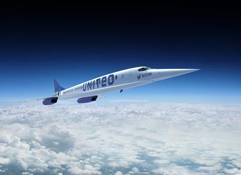Boom Supersonic's conceptual airliner Overture in United Airlines' coloursBoom Supersonic's conceptual airliner Overture in United Airlines' colours