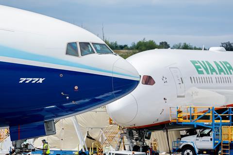 Boeing flight-test 777-9 (N779XW) at Everett on 26 June 2024