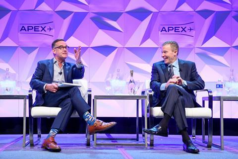 United Airlines CEO Scott Kirby on the right Speaking at the Airline Passenger Experience Association Expo 2 c Airline Passenger Experience Association