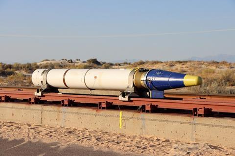An experimental high-speed conformal warhead awaits testing at the Holloman Air Force Base High Speed Test Track in new Mexico c AFRL