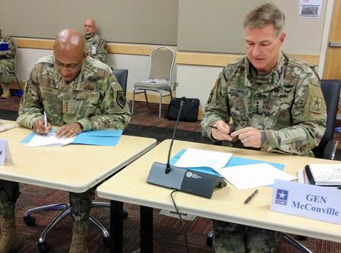 Army Chief of Staff General James McConville, right, and Air Force Chief of Staff General Charles Brown sign a two-year collaboration agreement