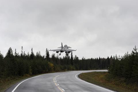 Saab Gripen landing on a highway c Royal Swedish Air Force