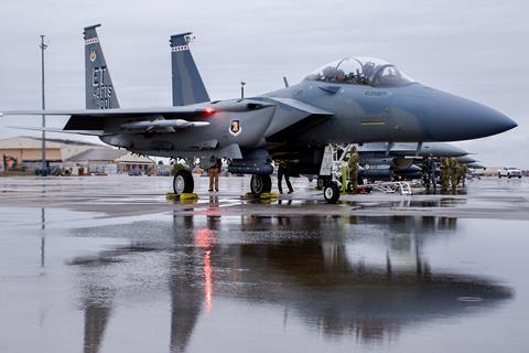 F-15EX Eagle II waits to taxi out before first missile firing of AIM-120 c USAF