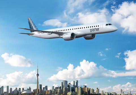 An E195-E2 rendering in Porter Airlines' colours