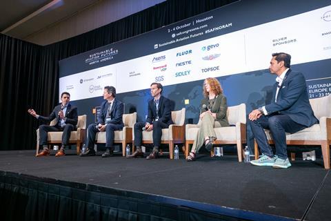 Jeff Shaknaitis (far left), GE Aerospace customer sustainability leader, speaking at Sustainable Aviation Futures Congress North America in October 2023.