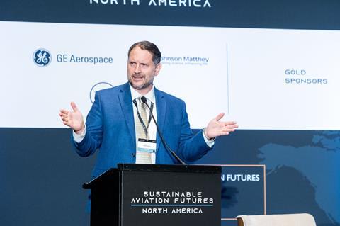 Gurhan Andac, GE Aerospace engineering fuels and fuel additives leader, speaking at Sustainable Aviation Futures Congress North America in October 2023.