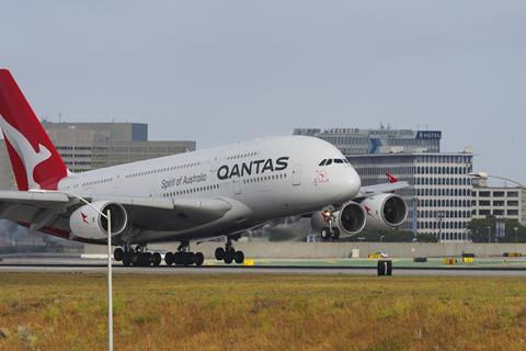 Qantas Airbus A380 landing at LAX