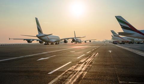 Emirates A380 on Dubai taxiway