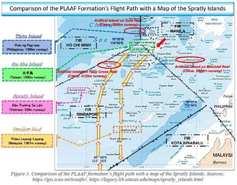 Comparison of PLAAF Formation's Flight Path with Map of the Spratly Islands