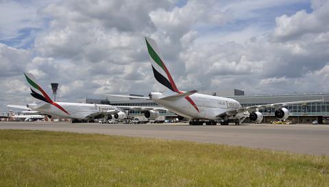 Emirates Airbus A380 parked at London Heathrow