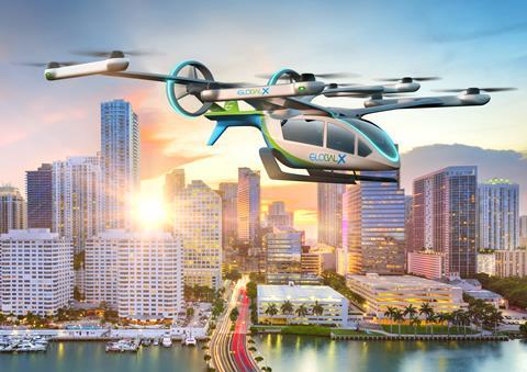 Eve's air taxi in GlobalX colours over Miami