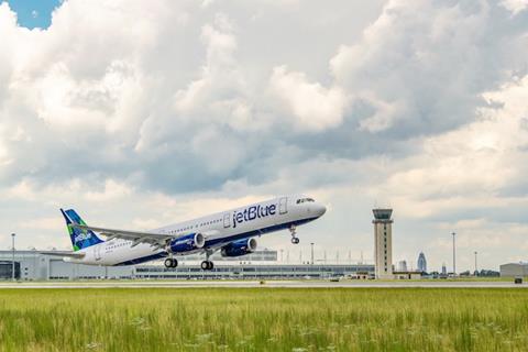 JetBlue first A321 powered by renewable fuel at Mo