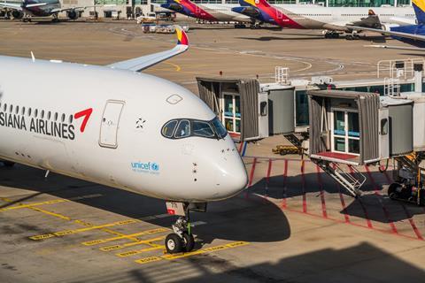 Asiana Airbus A350 at Seoul Incheon airport in 2020Asiana Airbus A320 at Guangzhou airport in 2019