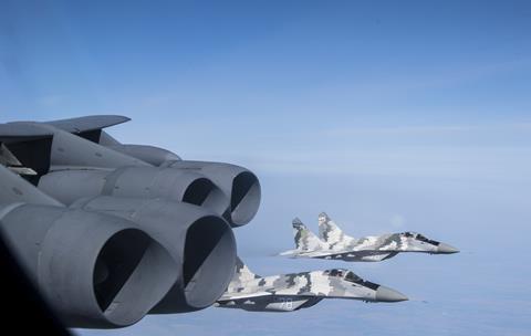 B-52H Stratofortress integrates with two Ukrainian MiG-29s during a Bomber Task Force Europe mission in September 2020 c USAF