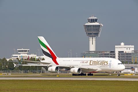 Emirates Airbus A380 at Munich airport
