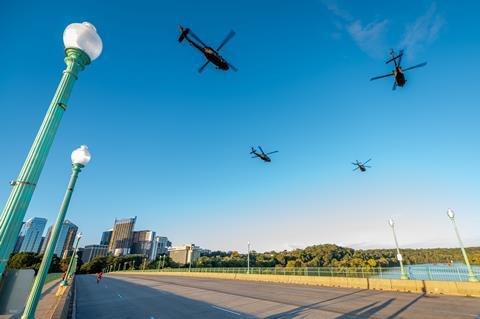 US Army UH-60 Black Hawks in formation over Potomac River c US Army