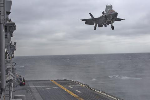 Raytheon JPALS - F-35B Lighting II performs deck landing qualifications on the USS Wasp March 5, 2018