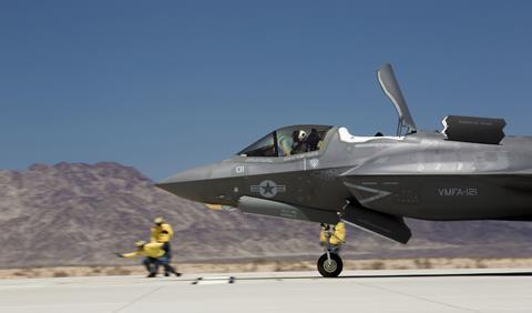 F-35B Lightning II with Marine Fighter Attack Squadron 121 based out of Marine Corps Air Station Yuma Ariz. performs a short takeoff