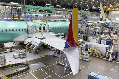 A 737 Max wing tip in Boeing's Renton production site on 15 June 2022