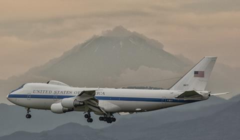 USAF E-4B aircraft approaches Yokota Air Base Japan