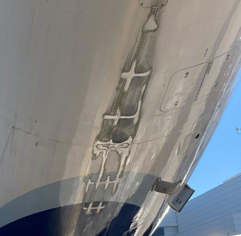 Damage to the tail of JetBlue A320 flight 1748 on 22 January 2022