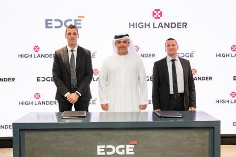 Leaders from both companies mark the agreement. From left, Alon Abelson, co-founder and CEO of High Lander; Mansour AlMulla, CEO of EDGE; Ido Yahalomi, co-founder and chief technology officer of of High Lander