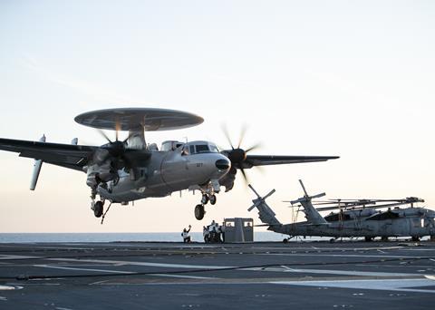 E-2D Advanced Hawkeye lands aboard aircraft carrier USS Gerald R. Ford c US Navy.jpeg