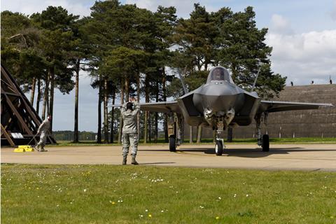 An F-35 Lightning II from the 34th Fighter Squadron at Hill Air Force Base, Utah, taxis to a hangar at Royal Air Force Lakenheath, England c USAF