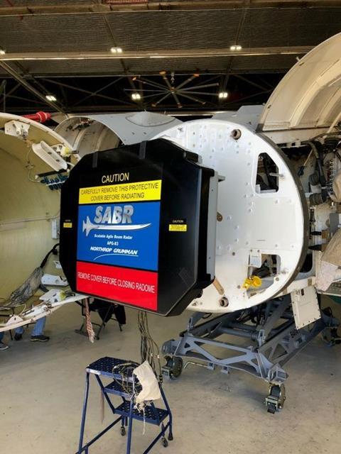 Northrop Grumman’s APG-83 radar being installed in an Air National Guard’s F-16 at Joint Base Andrews Maryland