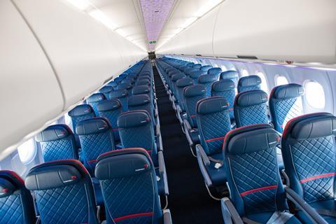 The cabin of Delta's A321neo