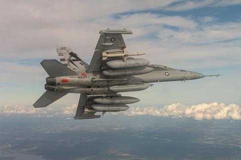 EA-18G Growler conducts a Next Generation Jammer Mid-Band (NGJ-MB) flight test c US Navy